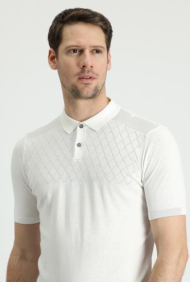 Erkek Giyim - KIRIK BEYAZ XXL Beden Polo Yaka Regular Fit Desenli Pamuklu Tişört