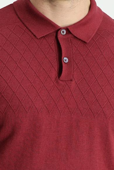 Erkek Giyim - ŞARAP BORDO L Beden Polo Yaka Regular Fit Desenli Pamuklu Tişört