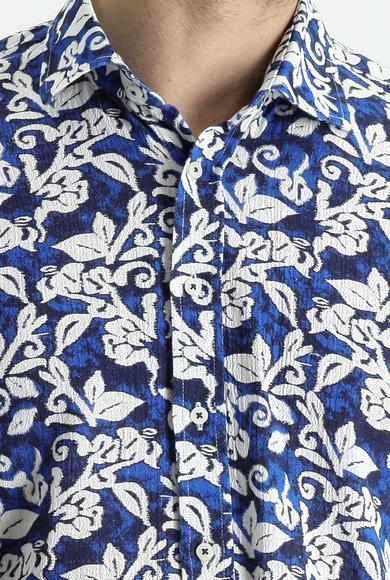 Erkek Giyim - SAKS MAVİ S Beden Uzun Kol Slim Fit Baskılı Pamuk Gömlek