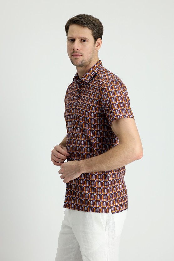 Erkek Giyim - Kısa Kol Slim Fit Baskılı Pamuk Gömlek