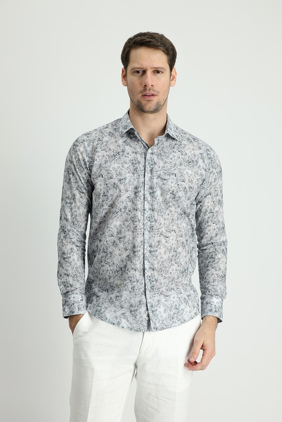 Erkek Giyim - Uzun Kol Slim Fit Baskılı Pamuk Gömlek