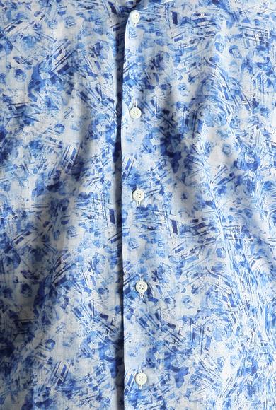 Erkek Giyim - Mavi L Beden Uzun Kol Slim Fit Baskılı Pamuk Gömlek
