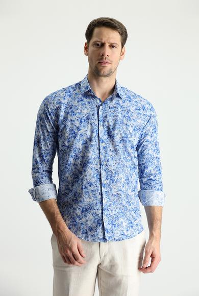 Erkek Giyim - Mavi M Beden Uzun Kol Slim Fit Baskılı Pamuk Gömlek
