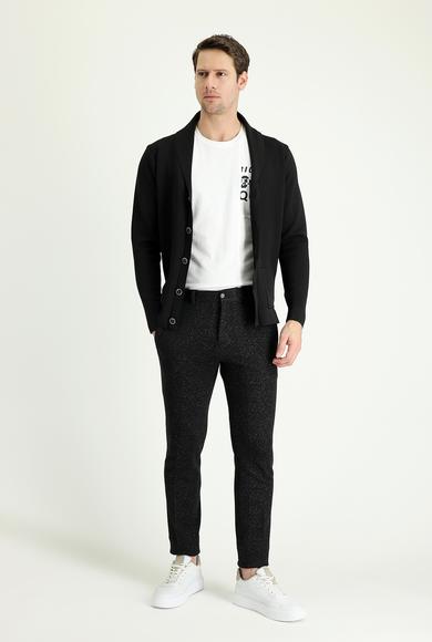 Erkek Giyim - SİYAH 54 Beden Süper Slim Fit Desenli Likralı Kanvas / Chino Pantolon