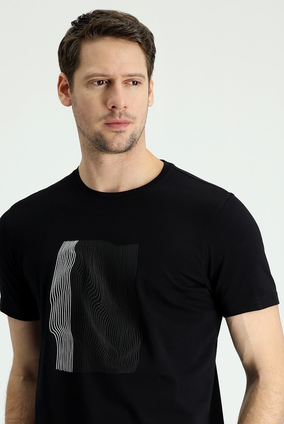 Erkek Giyim - Bisiklet Yaka Slim Fit Baskılı Pamuklu Tişört