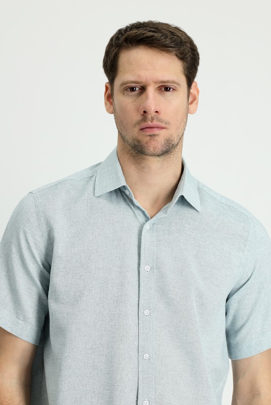 Erkek Giyim - Kısa Kol Regular Fit Desenli Spor Pamuklu Keten Gömlek