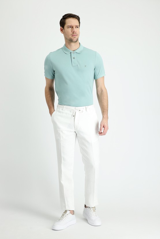 Erkek Giyim - Slim Fit Dar Kesim Beli Lastikli İpli Keten Klasik Kumaş Pantolon