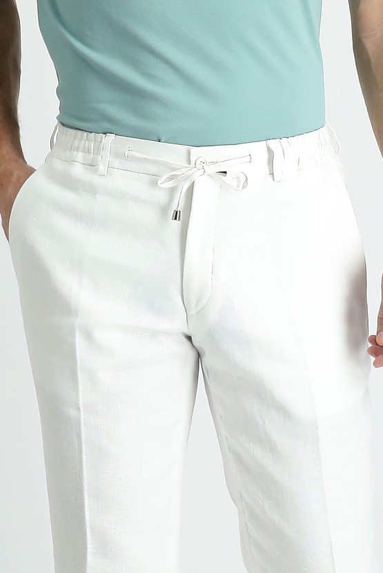 Erkek Giyim - Slim Fit Dar Kesim Beli Lastikli İpli Keten Klasik Kumaş Pantolon