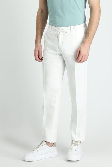 Erkek Giyim - BEYAZ 54 Beden Slim Fit Beli Lastikli İpli Keten Klasik Pantolon
