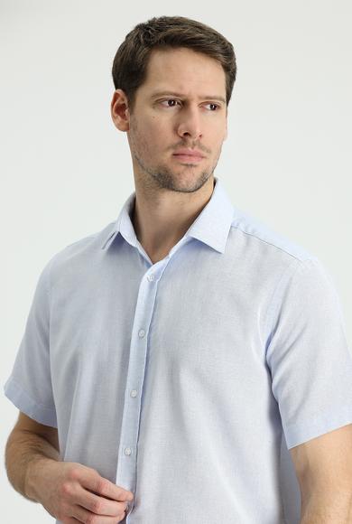 Erkek Giyim - UÇUK MAVİ XXL Beden Kısa Kol Regular Fit Spor Pamuklu Keten Gömlek