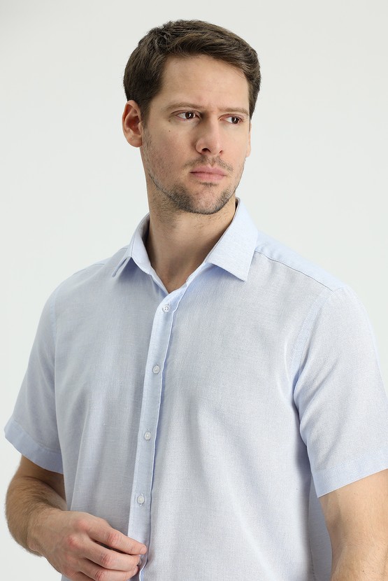 Erkek Giyim - Kısa Kol Regular Fit Spor Pamuklu Keten Gömlek