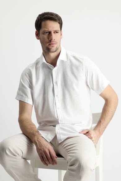 Erkek Giyim - BEYAZ M Beden Kısa Kol Regular Fit Spor Pamuklu Keten Gömlek