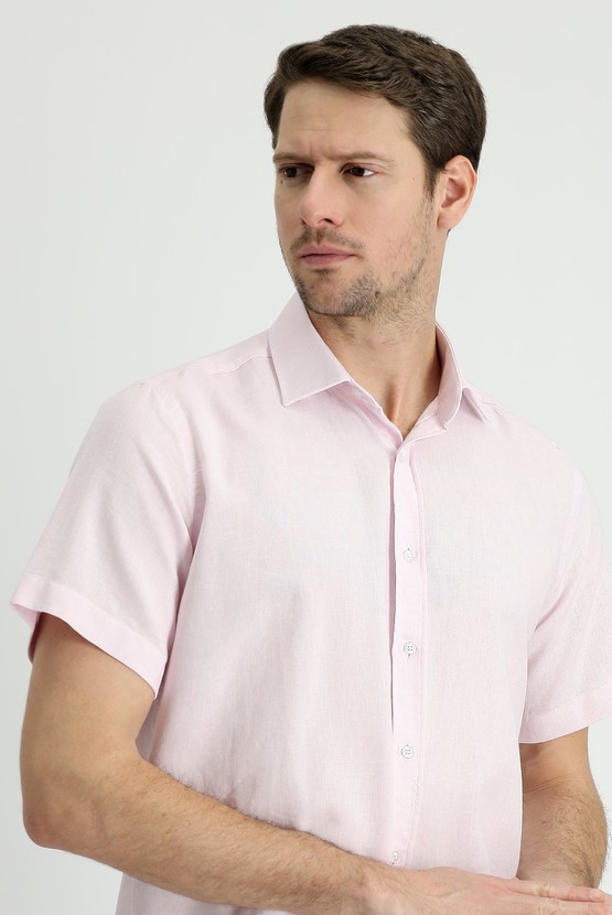 Erkek Giyim - Kısa Kol Regular Fit Spor Pamuklu Keten Gömlek