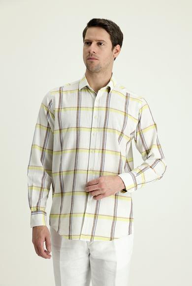 Erkek Giyim - KOYU YEŞİL 3X Beden Uzun Kol Regular Fit Ekose Pamuklu Keten Gömlek
