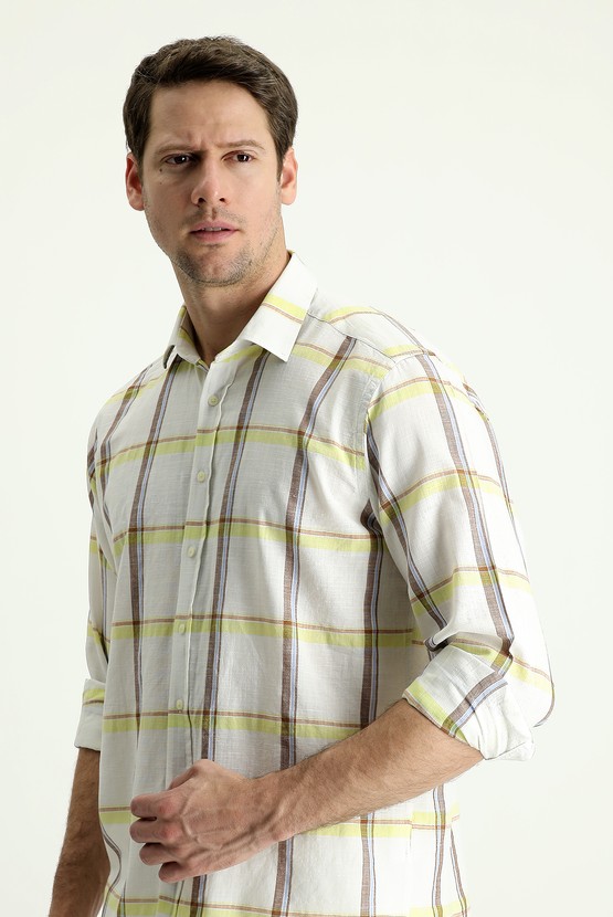 Erkek Giyim - Uzun Kol Regular Fit Ekose Pamuklu Keten Gömlek