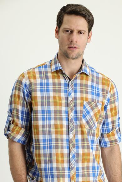 Erkek Giyim - ORTA TURUNCU 3X Beden Uzun Kol Regular Fit Ekose Pamuklu Keten Gömlek