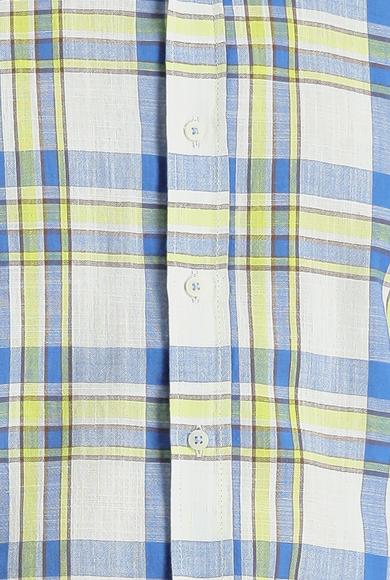 Erkek Giyim - KOYU MAVİ 3X Beden Uzun Kol Regular Fit Ekose Pamuklu Keten Gömlek