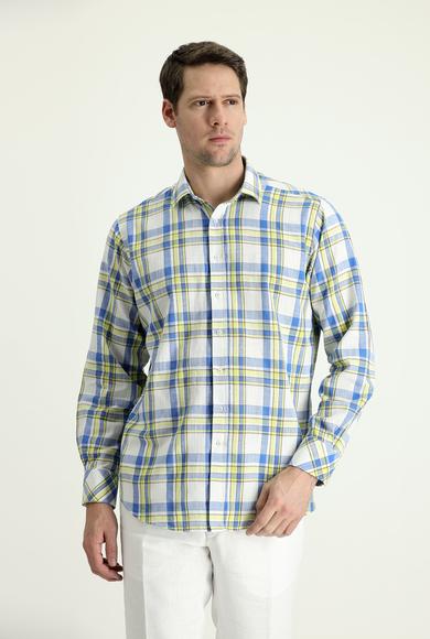 Erkek Giyim - KOYU MAVİ 3X Beden Uzun Kol Regular Fit Ekose Pamuklu Keten Gömlek