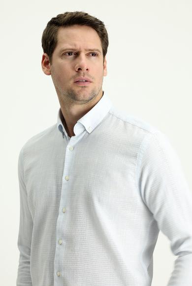 Erkek Giyim - UÇUK MAVİ XXL Beden Uzun Kol Slim Fit Keten Görünümlü Pamuk Spor Gömlek