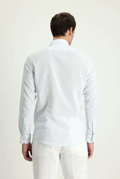 Erkek Giyim - UÇUK MAVİ XXL Beden Uzun Kol Slim Fit Keten Görünümlü Pamuk Spor Gömlek