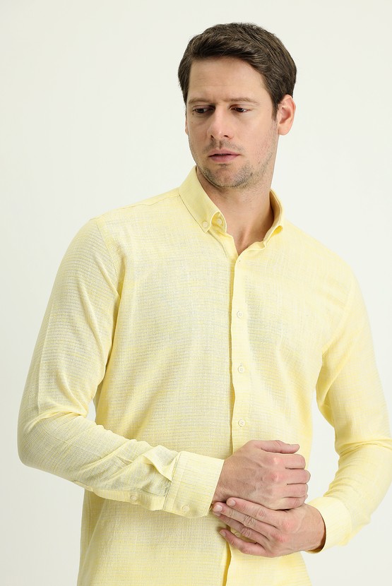 Erkek Giyim - Uzun Kol Slim Fit Dar Kesim Keten Görünümlü Pamuk Spor Gömlek