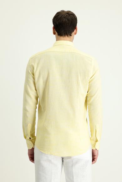Erkek Giyim - AÇIK SARI S Beden Uzun Kol Slim Fit Dar Kesim Keten Görünümlü Pamuk Spor Gömlek