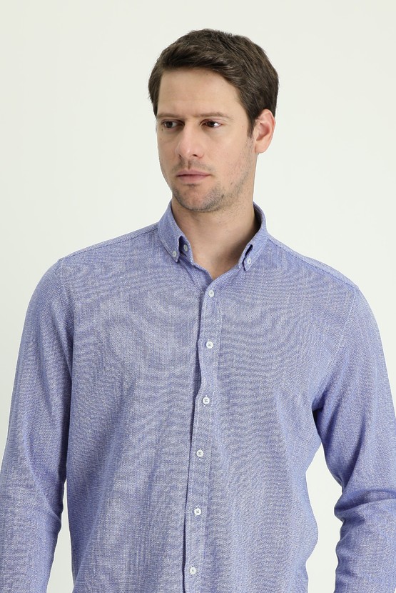 Erkek Giyim - Uzun Kol Slim Fit Dar Kesim Keten Görünümlü Pamuk Spor Gömlek