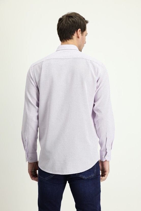 Erkek Giyim - Uzun Kol Slim Fit Dar Kesim Keten Görünümlü Desenli Pamuk Gömlek