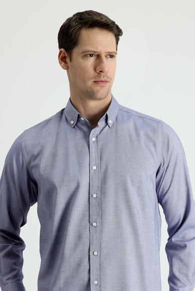 Erkek Giyim - KOYU LACİVERT 3X Beden Uzun Kol Regular Fit Oxford Pamuk Gömlek