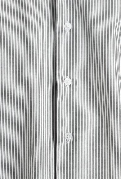 Erkek Giyim - SİYAH S Beden Uzun Kol Slim Fit Çizgili Pamuklu Gömlek