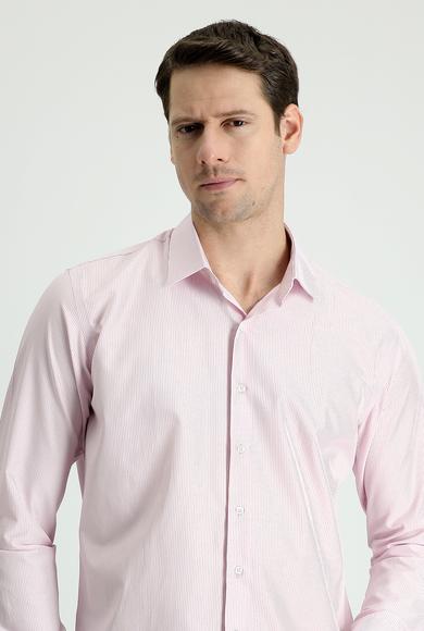Erkek Giyim - TOZ PEMBE S Beden Uzun Kol Slim Fit Çizgili Pamuklu Gömlek