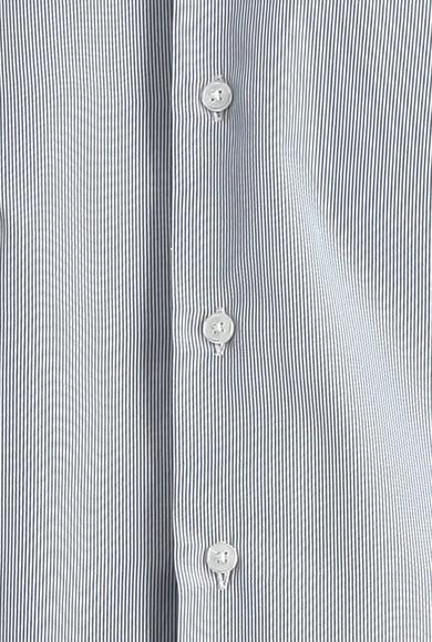 Erkek Giyim - ORTA LACİVERT M Beden Uzun Kol Slim Fit Klasik Çizgili Pamuklu Gömlek