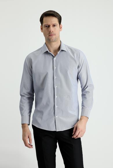 Erkek Giyim - ORTA LACİVERT M Beden Uzun Kol Slim Fit Klasik Çizgili Pamuklu Gömlek
