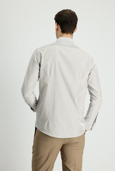 Erkek Giyim - AÇIK BEJ L Beden Uzun Kol Slim Fit Çizgili Pamuklu Gömlek