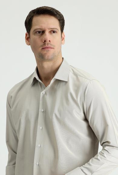 Erkek Giyim - ORTA BEJ L Beden Uzun Kol Slim Fit Klasik Çizgili Pamuklu Gömlek