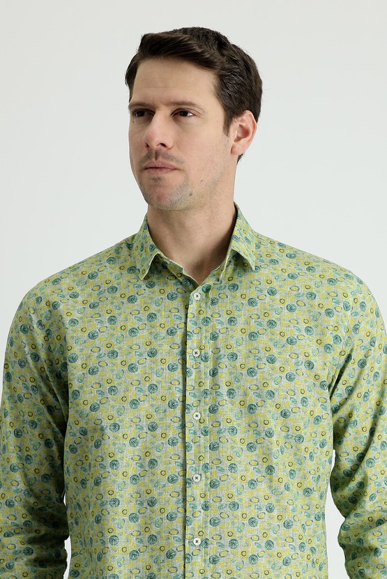 Erkek Giyim - Uzun Kol Slim Fit Dar Kesim Baskılı Pamuk Spor Gömlek