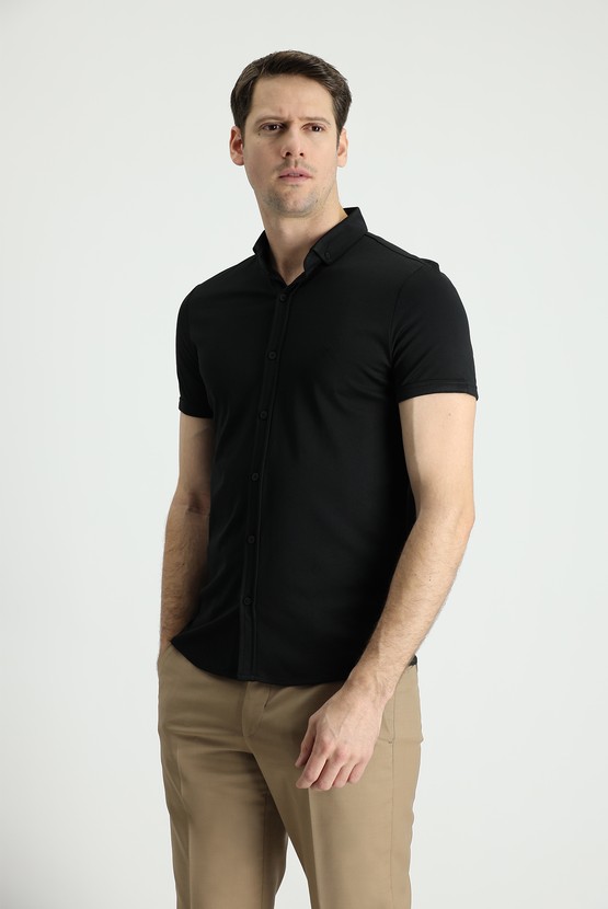 Erkek Giyim - Polo Yaka Slim Fit Nakışlı Pamuklu Tişört
