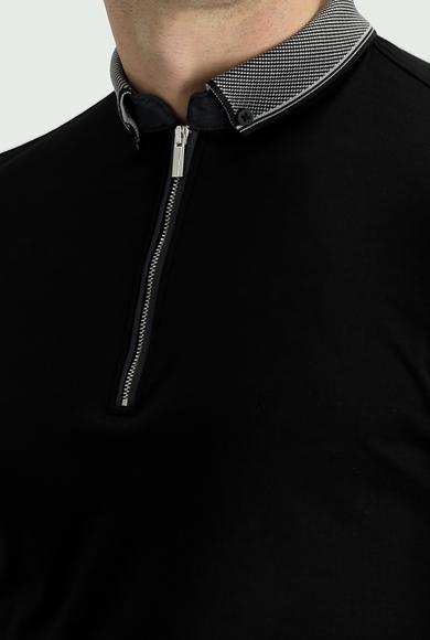 Erkek Giyim - SİYAH L Beden Polo Yaka Slim Fit Fermuarlı Nakışlı Pamuklu Tişört