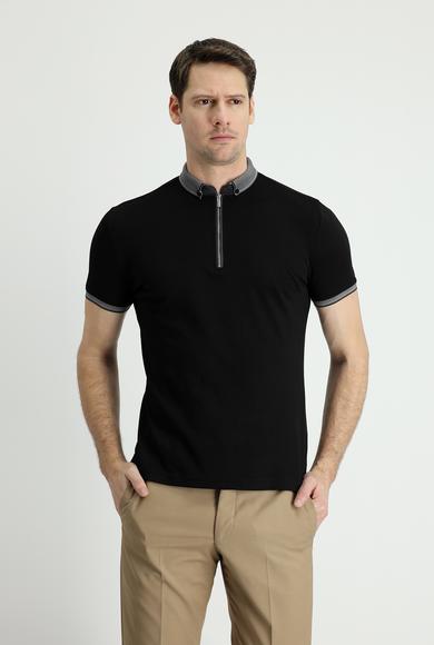 Erkek Giyim - SİYAH L Beden Polo Yaka Slim Fit Fermuarlı Nakışlı Pamuklu Tişört