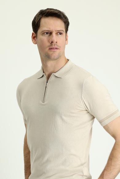 Erkek Giyim - AÇIK BEJ XL Beden Polo Yaka Regular Fit Fermuarlı Pamuklu Tişört