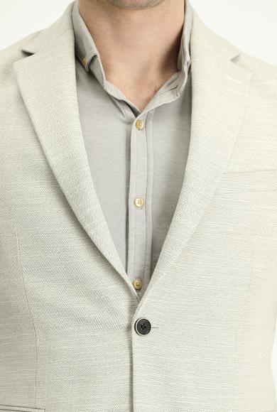 Erkek Giyim - KREM 48 Beden Slim Fit Dar Kesim Klasik Desenli Keten Ceket