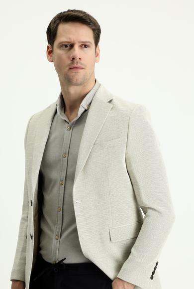Erkek Giyim - KREM 48 Beden Slim Fit Dar Kesim Klasik Desenli Keten Ceket