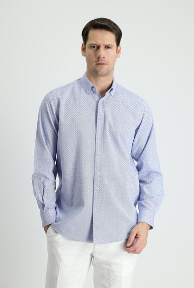 Erkek Giyim - SAKS MAVİ L Beden Uzun Kol Slim Fit Keten Görünümlü Desenli Pamuk Gömlek