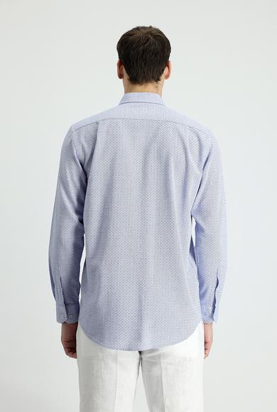 Erkek Giyim - SAKS MAVİ L Beden Uzun Kol Slim Fit Keten Görünümlü Desenli Pamuk Gömlek