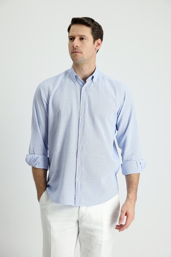 Erkek Giyim - Uzun Kol Slim Fit Dar Kesim Keten Görünümlü Desenli Pamuk Gömlek