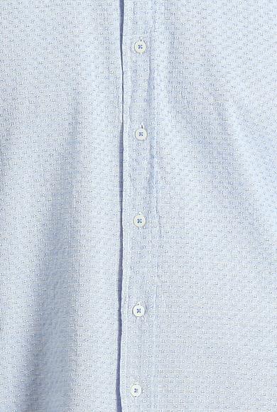 Erkek Giyim - KOYU MAVİ M Beden Uzun Kol Slim Fit Dar Kesim Keten Görünümlü Desenli Pamuk Gömlek
