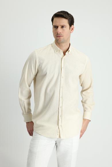 Erkek Giyim - AÇIK BEJ 6X Beden Uzun Kol Slim Fit Dar Kesim Keten Görünümlü Desenli Pamuk Gömlek