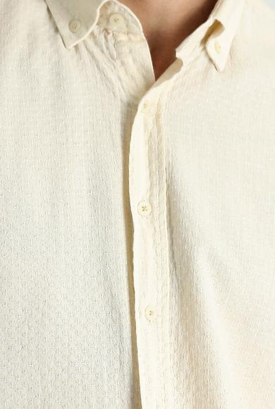 Erkek Giyim - AÇIK BEJ 6X Beden Uzun Kol Slim Fit Dar Kesim Keten Görünümlü Desenli Pamuk Gömlek