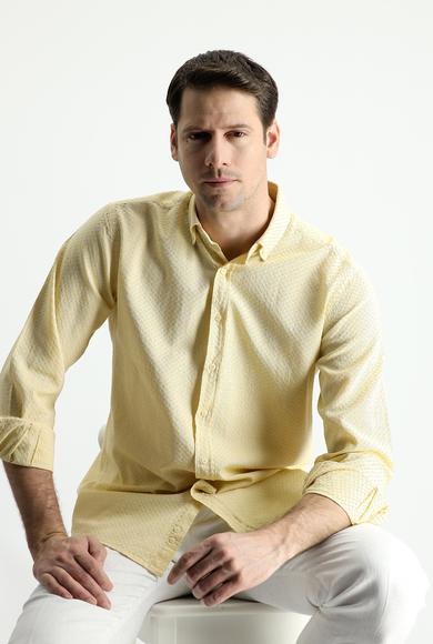 Erkek Giyim - HARDAL L Beden Uzun Kol Slim Fit Dar Kesim Keten Görünümlü Desenli Pamuk Gömlek