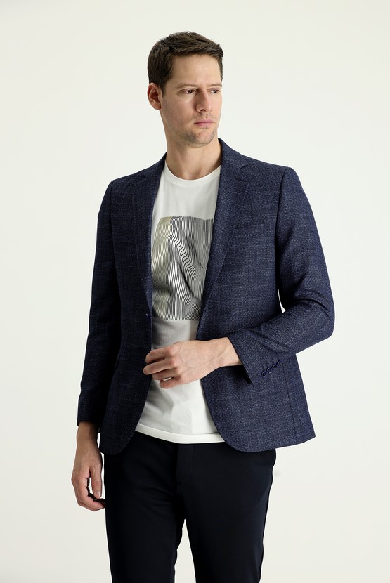 Erkek Giyim - Slim Fit Dar Kesim Desenli Keten Ceket